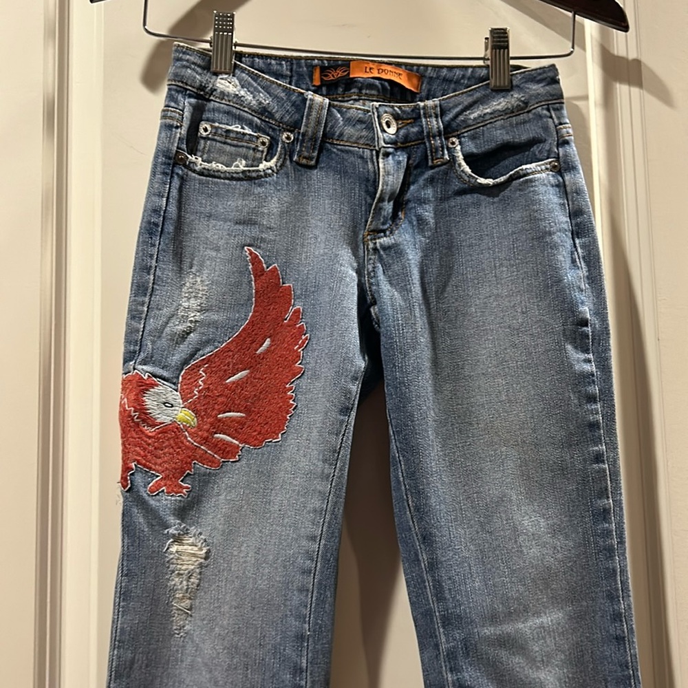 Le Donne women distressed flair denim jeans eagle appliqué size 0/0 from Brazil